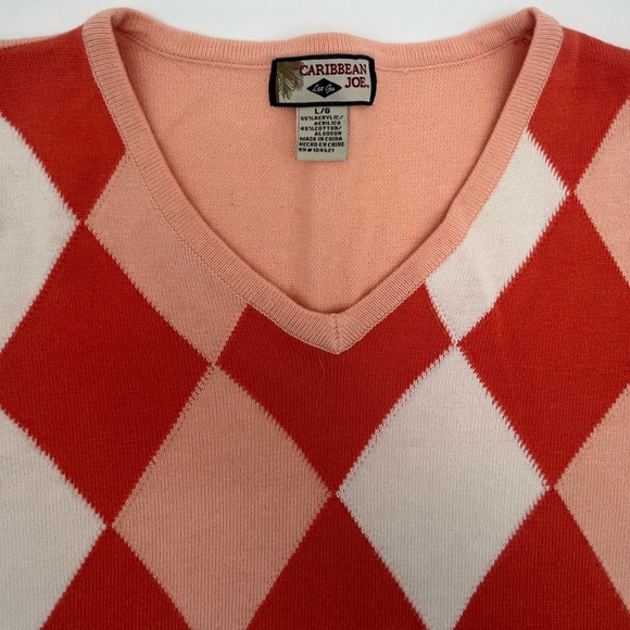 Carribean Joe Orange peach Argyle v-neck Sweater sz L Y2K, academia, preppy - Picture 4 of 5